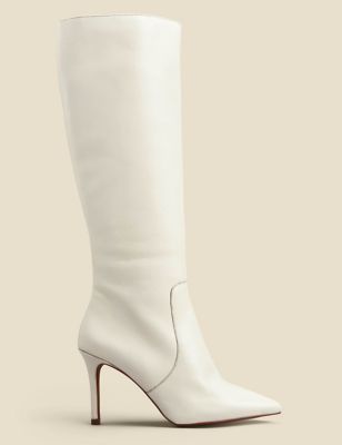 Sosandar Womens Leather Stiletto Heel Knee High Boots - 4 - Cream, Cream