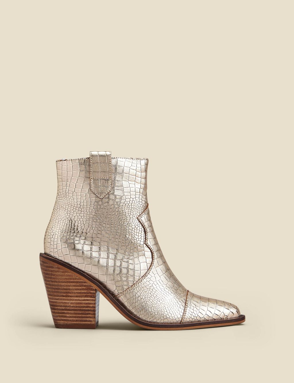 Leather Cow Boy Croc Block Heel Ankle Boots