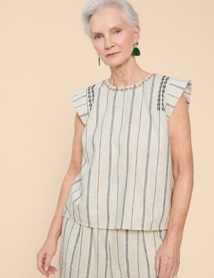 White Stuff Women's Linen Rich Striped Embroidered Top - 6 - Natural Mix, Natural Mix