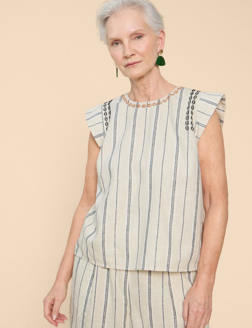 Linen Rich Striped Embroidered Top