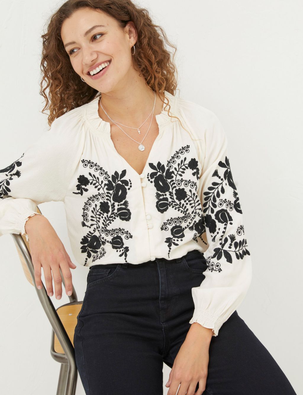 Floral Embroidered Notch Neck Blouse image 1