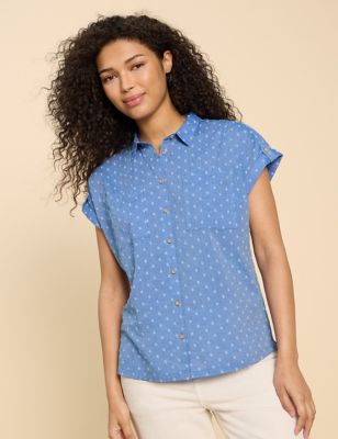 White Stuff Womens Pure Cotton Polka Dot Collared Cap Sleeve Shirt - 6 - Blue Mix, Blue Mix
