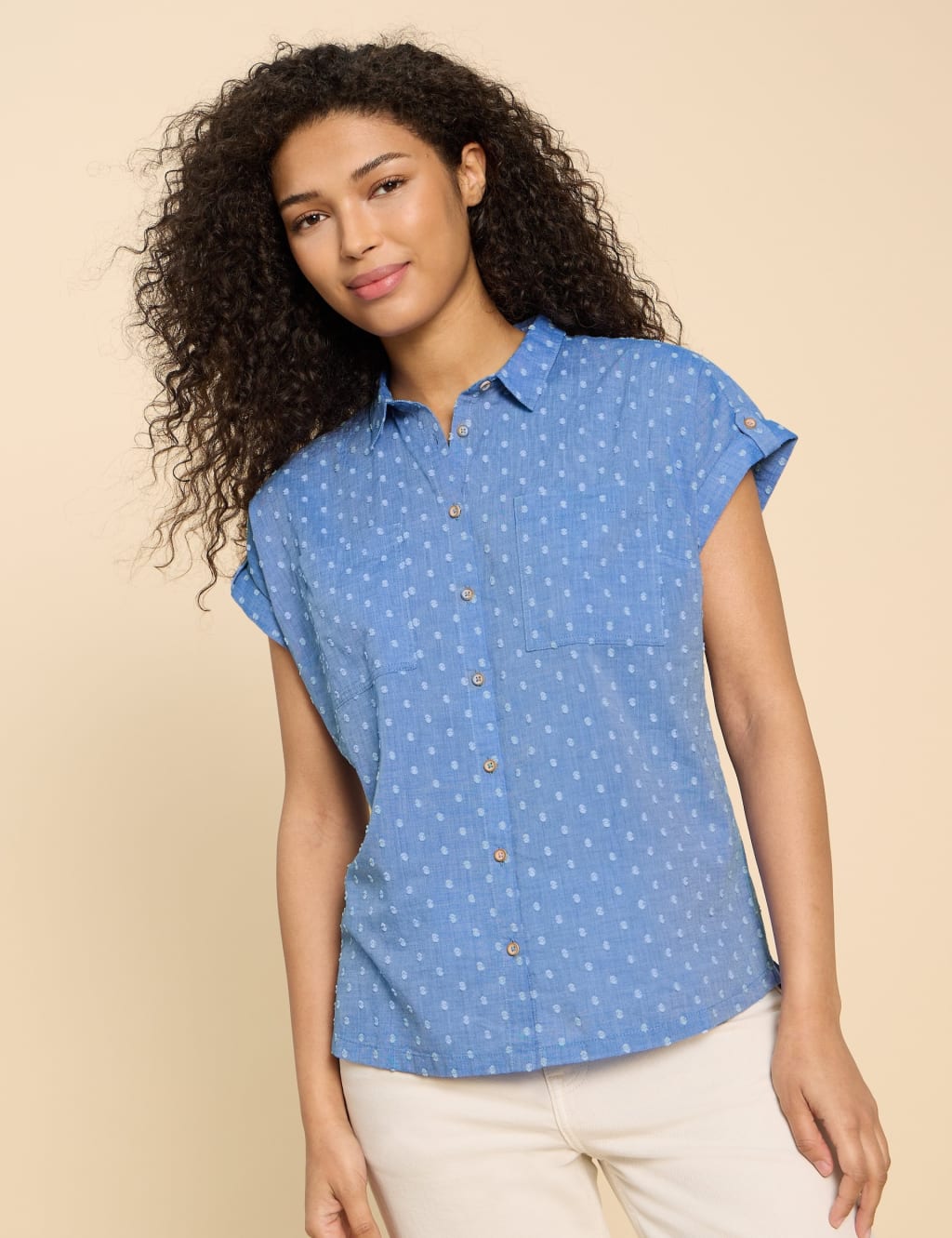 Pure Cotton Polka Dot Collared Cap Sleeve Shirt