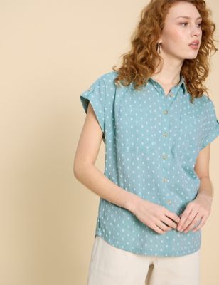 White Stuff Womens Pure Cotton Embroidered Collared Shirt - 6 - Green Mix, Green Mix