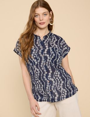 White Stuff Women's Pure Cotton Floral Collared Cap Sleeve Shirt - 6 - Navy Mix, Navy Mix