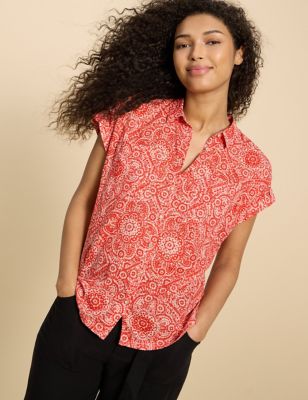 White Stuff Women's Organic Cotton Printed Collared Shirt - 8 - Orange Mix, Orange Mix