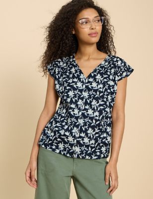 White Stuff Womens Pure Cotton Floral V-Neck Top - 6 - Navy Mix, Navy Mix