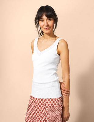 White Stuff Women's Pure Cotton V-Neck Lace Detail Vest Top - 6, White