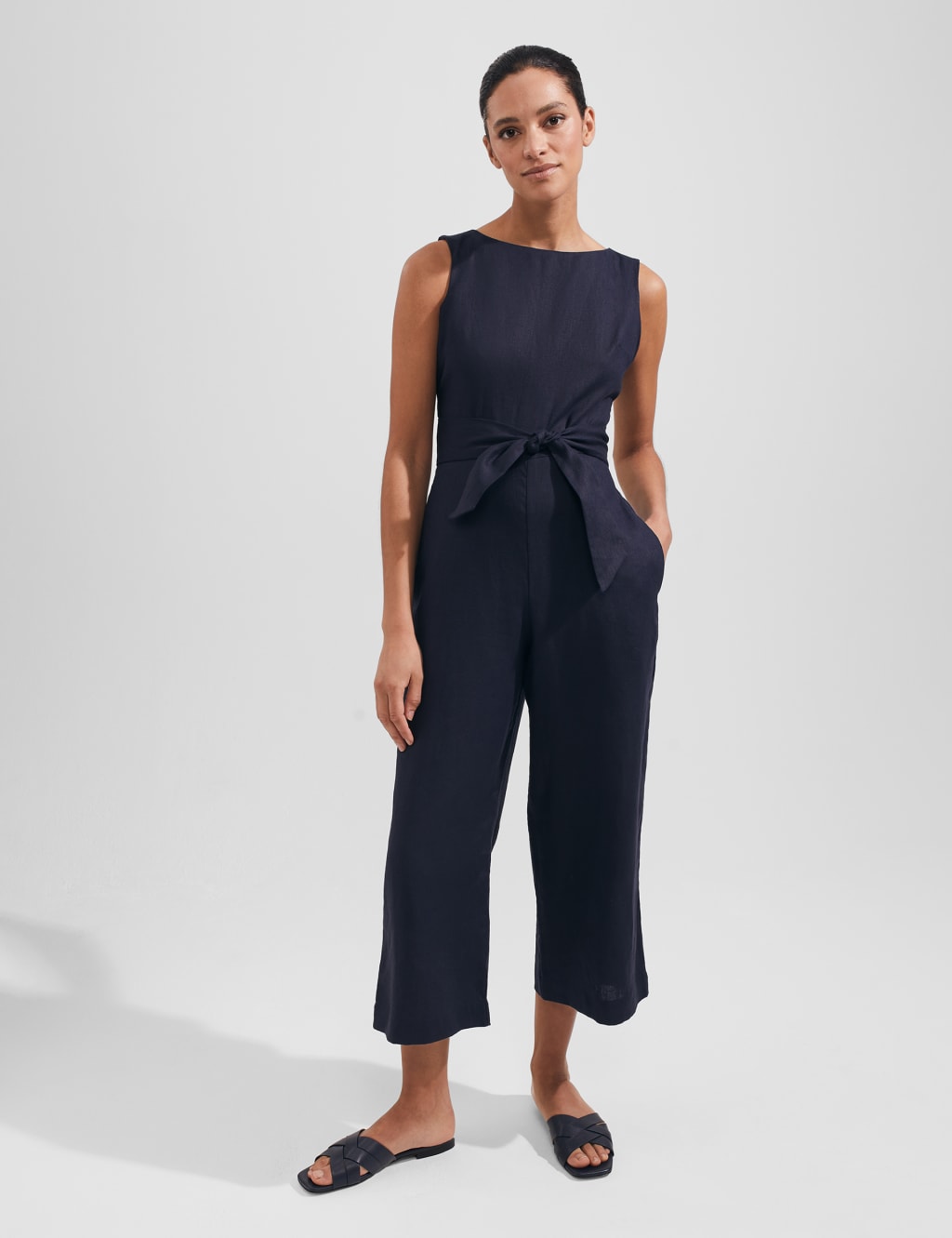 Pure Linen Tie Detail Cropped Jumpsuit image 1