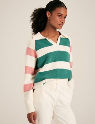 Joules Womens Pure Cotton Striped Collared V-Neck Jumper - 8 - Green Mix, Green Mix