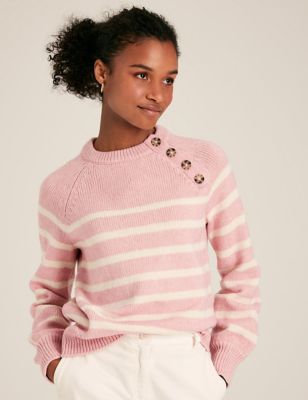 Joules Women's Cotton Rich Striped Button Detail Jumper - 6 - Pink Mix, Pink Mix