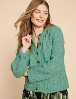 White Stuff Womens Ribbed Button Front Cardigan with Wool - 6 - Green Mix, Green Mix