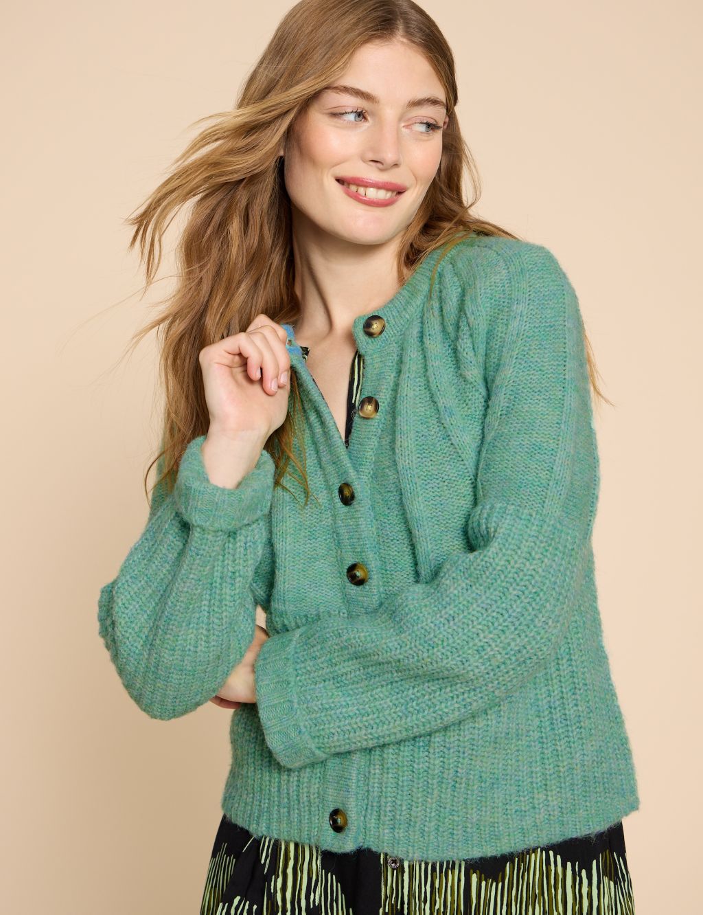 Ribbed Button Front Cardigan with Wool