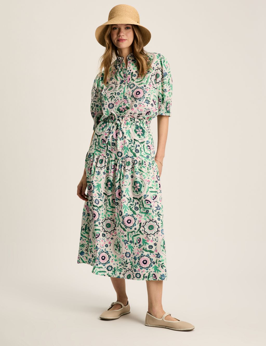 Pure Cotton Floral Midi A-Line Skirt