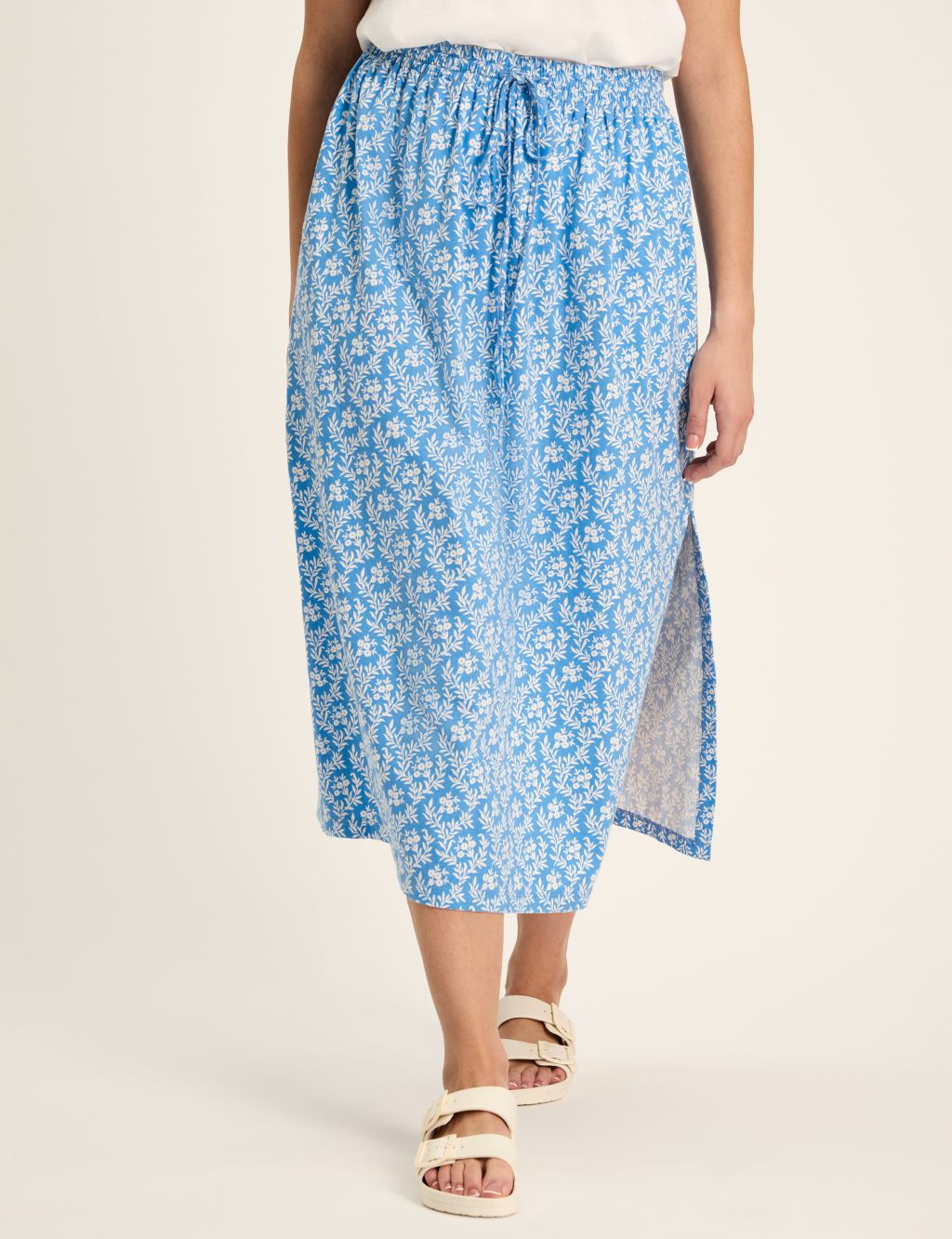 Pure Cotton Floral Drawstring Midi Skirt