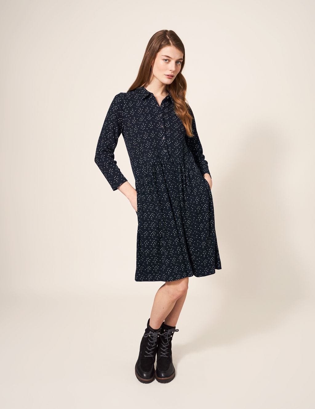 Cotton Blend Printed Ribbed Shirt Dress image 4