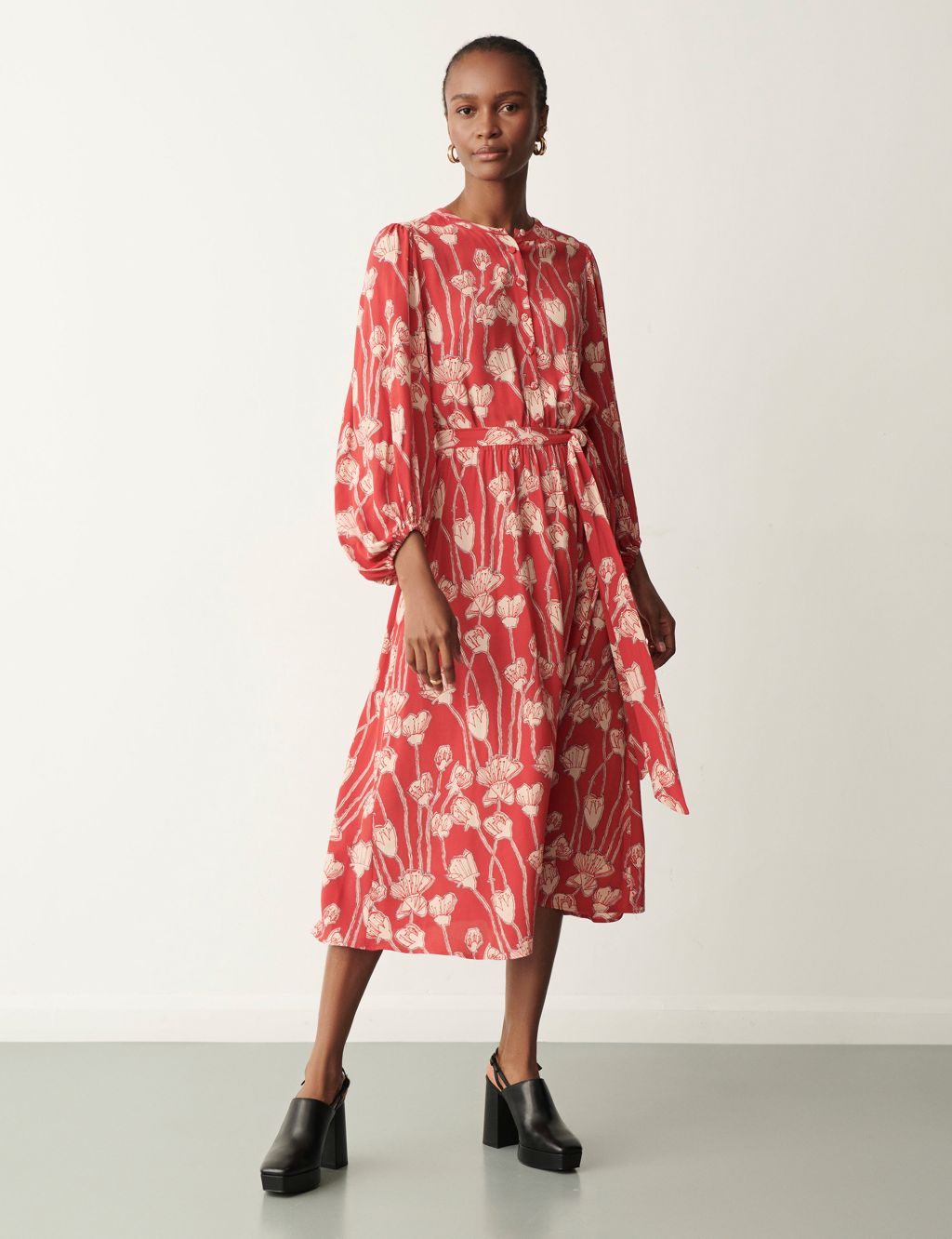 Floral Round Neck Belted Midi Waisted dress image 1