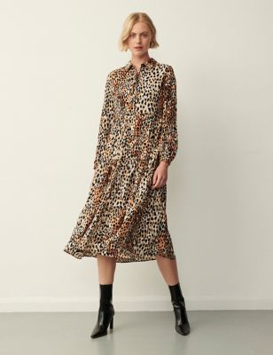 Finery London Womens Animal Print Button Front Midi Tiered Dress - 8 - Brown Mix, Brown Mix