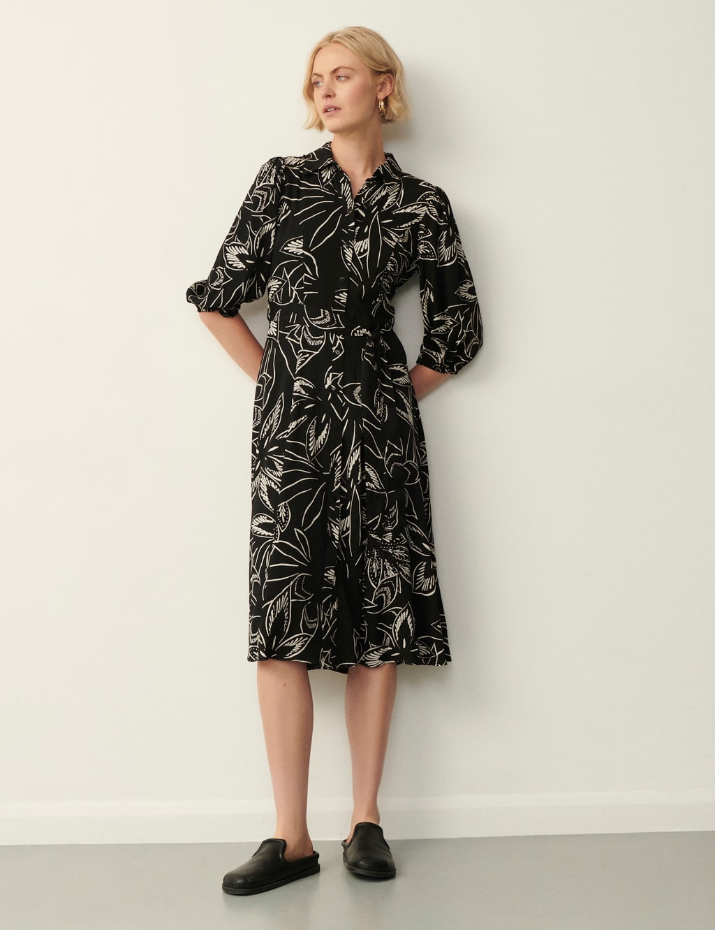 Floral Blouson Sleeve Midi Shirt Dress image 2