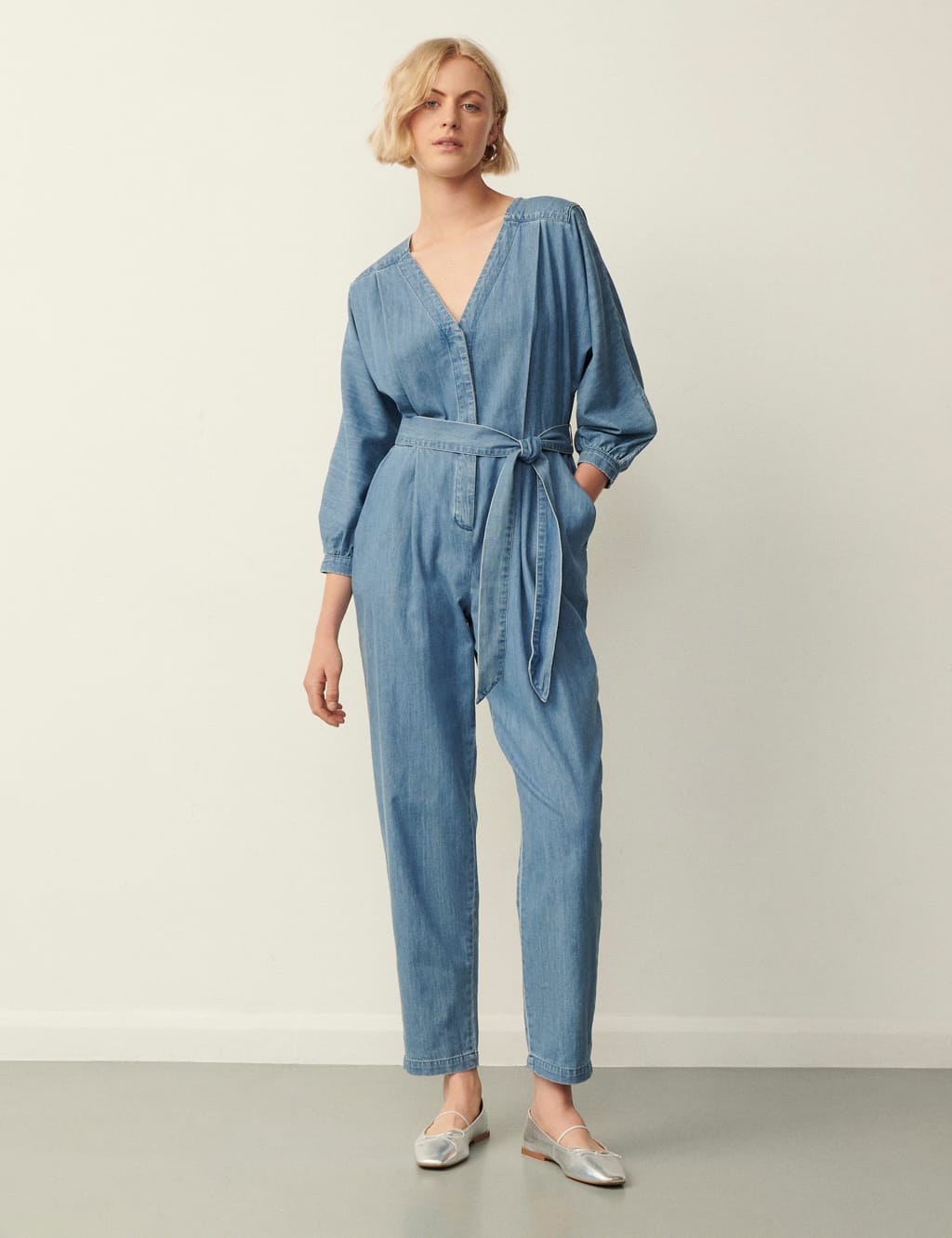 Denim Belted 3/4 Sleeve Jumpsuit image 2