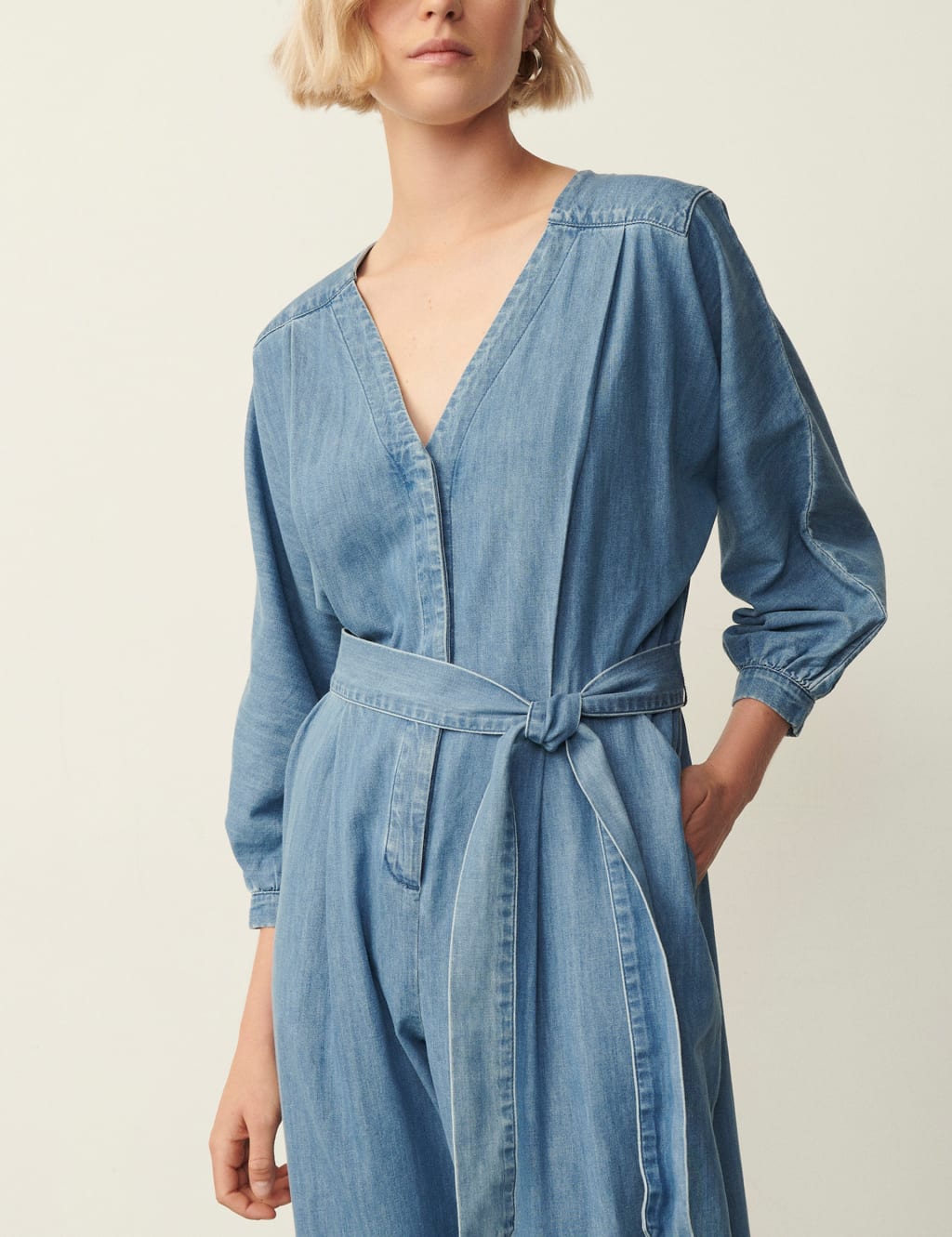 Denim Belted 3/4 Sleeve Jumpsuit image 3