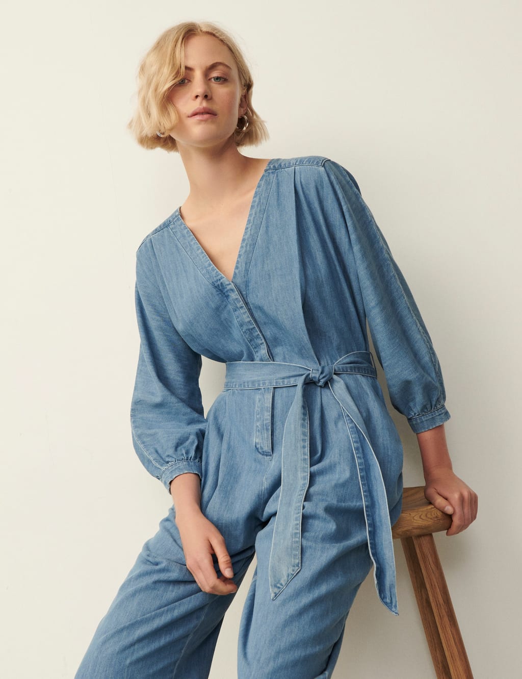 Denim Belted 3/4 Sleeve Jumpsuit image 5