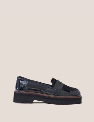 White Stuff Women's Leather Patent Slip On Block Heel Loafers - 8 - Black, Black
