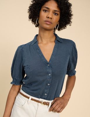 White Stuff Womens Jersey Embroidered Shirt - 6 - Blue, Blue