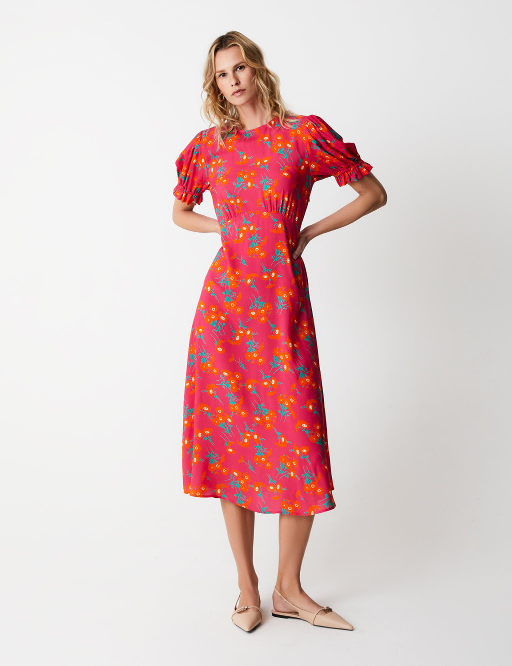 Floral Puff Sleeve Midi Waisted Dress image 1