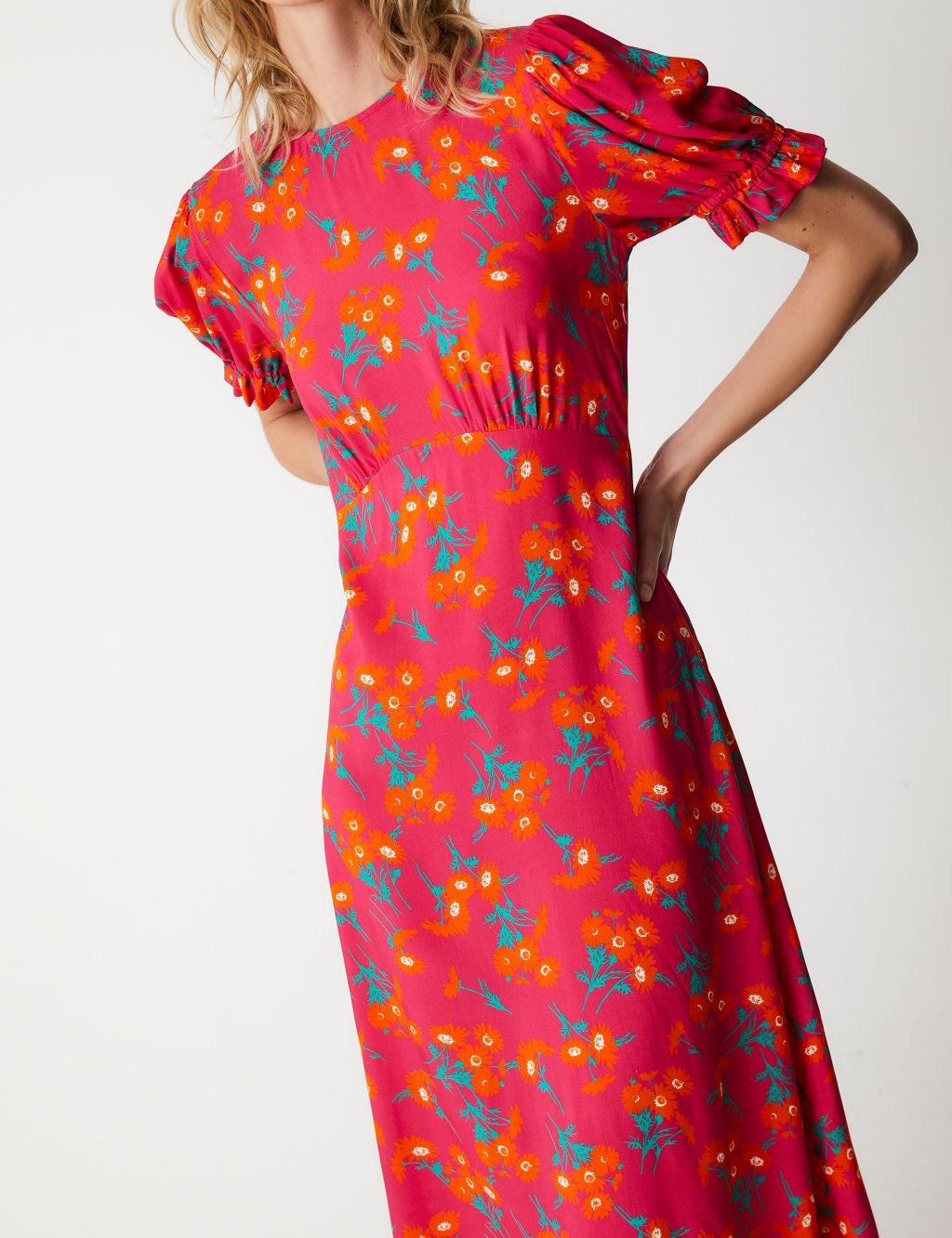 Floral Puff Sleeve Midi Waisted Dress image 3