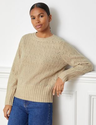 Albaray Womens Pointelle Cable Knit Crew Neck Jumper - 8 - Natural, Natural
