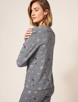 White Stuff Womens Cotton Rich Jersey Printed Pyjama Top - XS - Grey Mix, Grey Mix