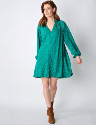 Burgs Women's Cotton Rich Floral V-Neck Mini Swing Dress - 10 - Green Mix, Green Mix