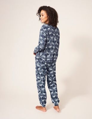 White Stuff Womens Cotton Rich Jersey Stag Print Pyjama Top - Navy Mix, Navy Mix