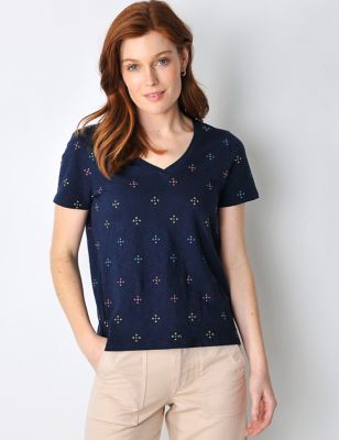 Burgs Women's Pure Cotton Embroidered V-Neck T-Shirt - 14 - Navy Mix, Navy Mix