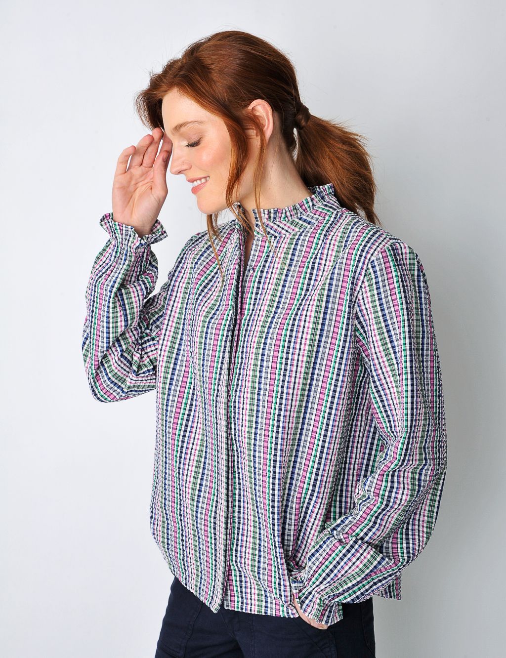Pure Cotton Checked Collarless Frill Detail Shirt