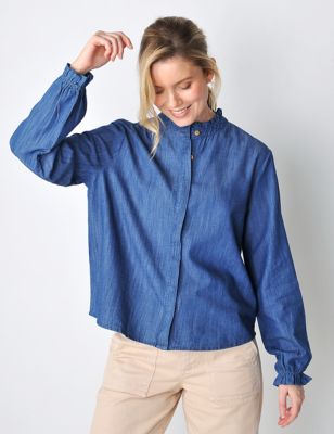 Burgs Women's Pure Cotton Collarless Frill Detail Shirt - 10 - Navy, Navy