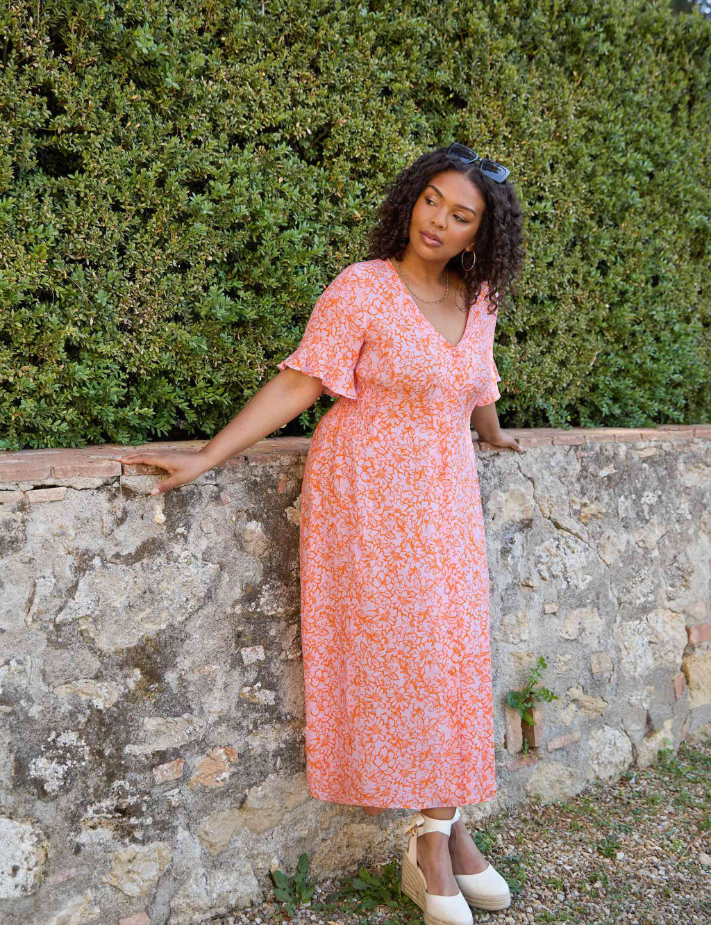 Floral V-Neck Shirred Midi Tea Dress image 1