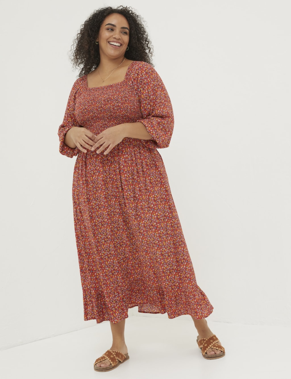 Ditsy Floral Shirred Midi Waisted Dress image 5