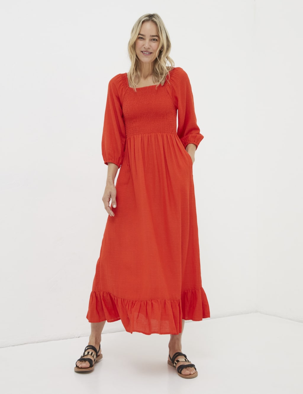 Square Neck Midi Shirred Dress with Linen