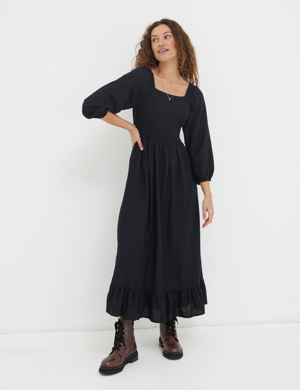 Square Neck Midi Shirred Dress with Linen