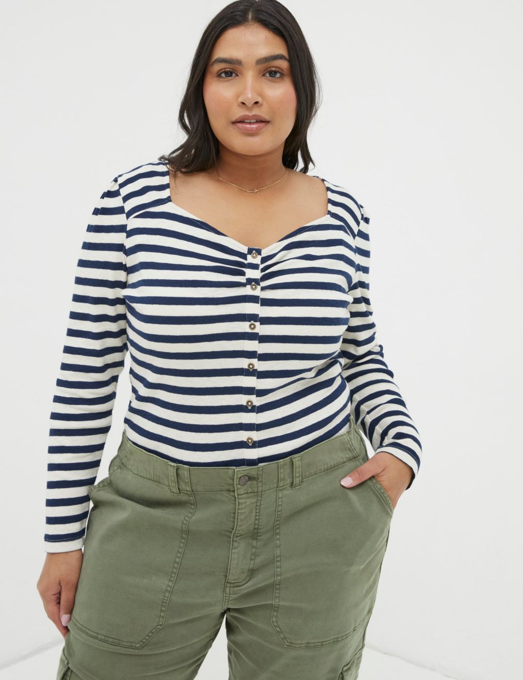 Cotton Rich Striped Ribbed V-Neck Top
