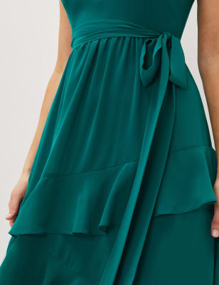 Phase Eight Womens V-Neck Tie Waist Ruffle Skater Dress - 10 - Green, Green