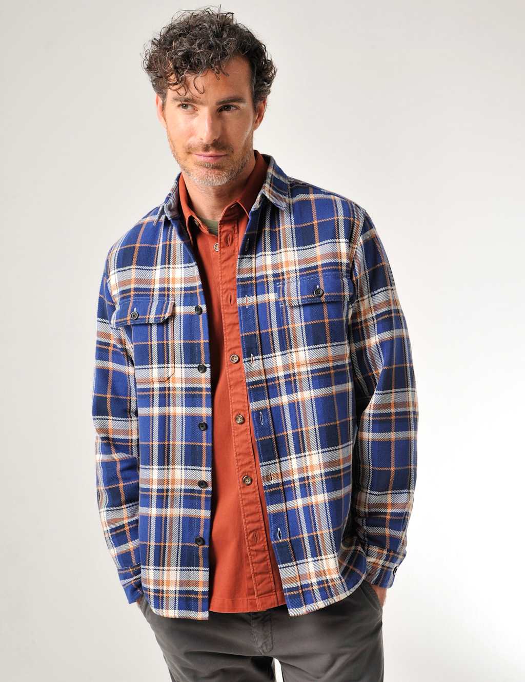 Pure Cotton Twill Check Utility Overshirt