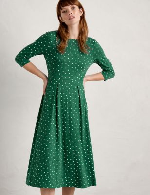 Seasalt Cornwall Womens Cotton Rich Polka Dot Midi Skater Dress - 8REG - Green Mix, Green Mix