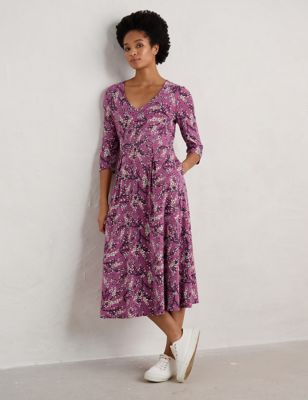 Seasalt Cornwall Women's Cotton Rich Floral Midi Waisted Dress - 10REG - Purple Mix, Purple Mix