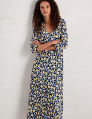 Seasalt Cornwall Womens Cotton Rich Floral V-Neck Midi Tea Dress - 20REG - Navy Mix, Navy Mix