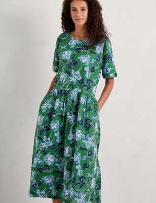 Seasalt Cornwall Womens Organic Cotton Printed Midi Shift Dress - 18REG - Green Mix, Green Mix