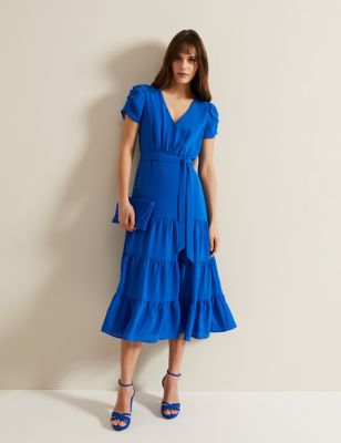 Phase Eight Womens V-Neck Midi Tiered Dress - 8 - Blue, Blue