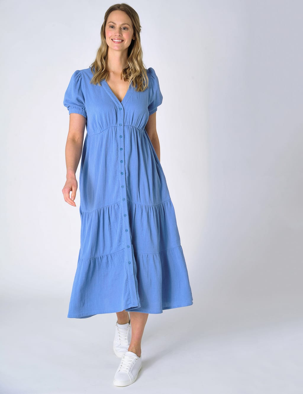 Pure Cotton Textured V-Neck Midi Dress image 1